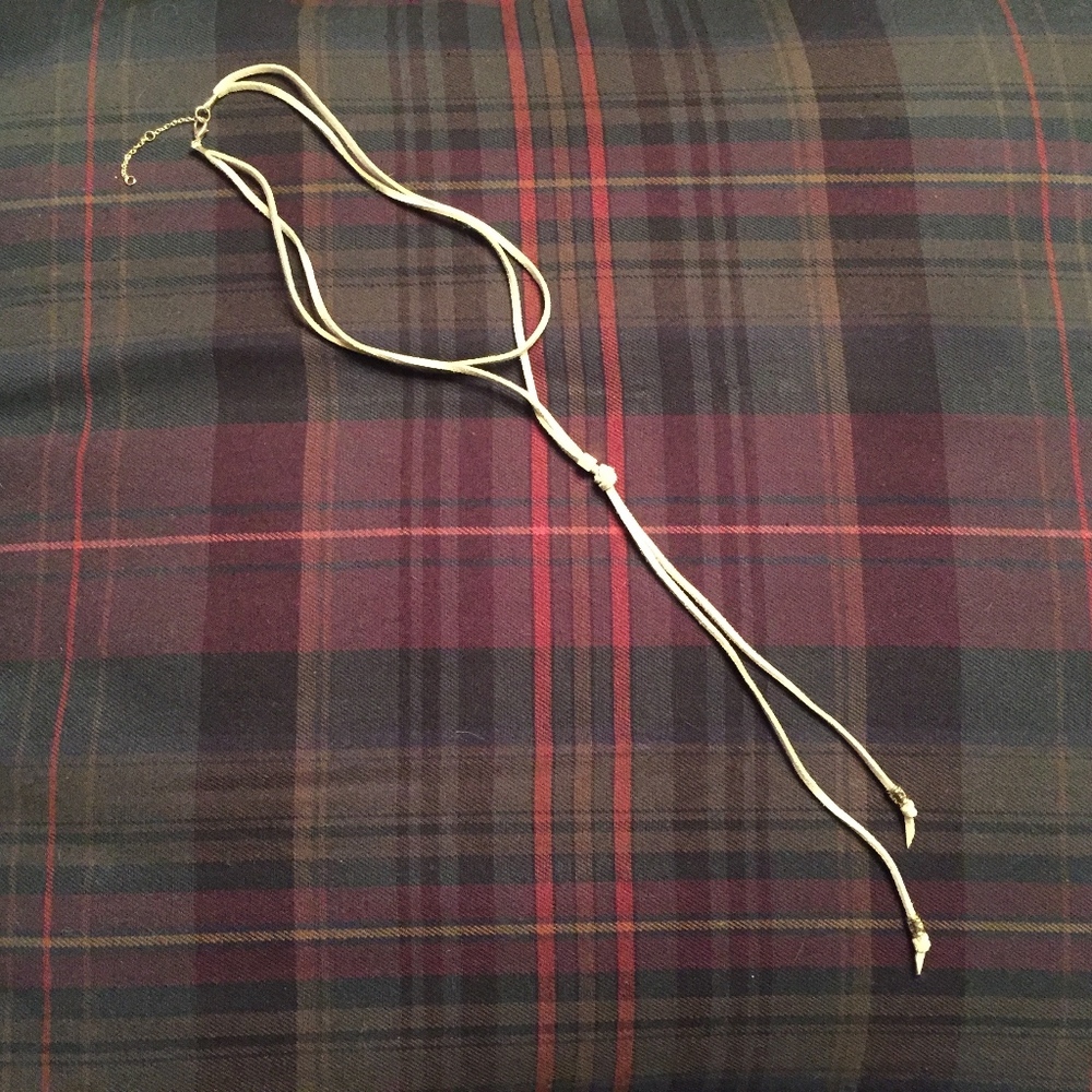 Leather Lariat Gold Tone Trim Necklace